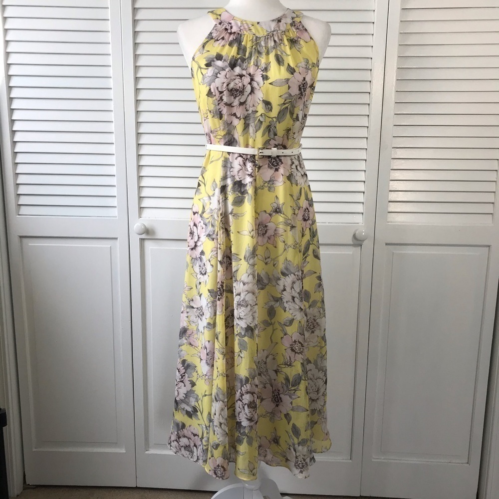Price is firm TOMMY HILFIGER Yellow Floral Print Belted Midi Dress Size 4